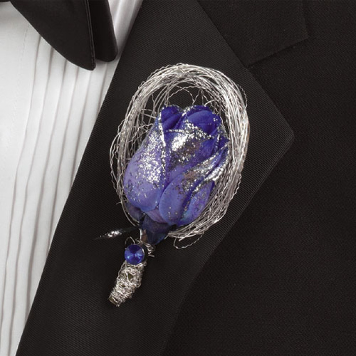 Glittered Blue-Dyed Rose Boutonniere